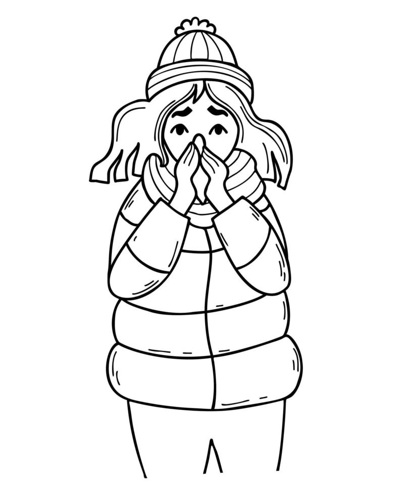 menina insalubre em roupas de inverno é congelada e limpa o nariz com lenço. estação de doença e frio. ilustração vetorial. rabisco linear. desenho de mão de contorno. vetor