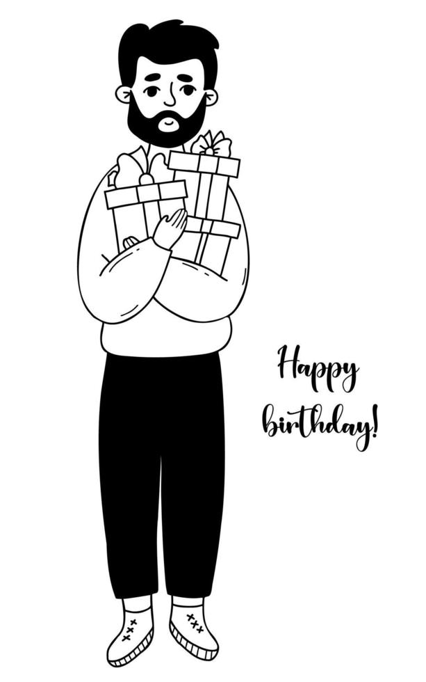 feliz homem barbudo de corpo inteiro com caixas de presentes. desenho de mão vetorial no estilo doodle. personagem festivo masculino com texto feliz aniversário. vetor