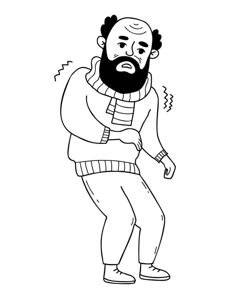 frio, doente aposentado, um velho envolto em lenço tremer. ilustração vetorial no estilo doodle. conceito de personagem de homem idoso do sexo masculino da estação fria, resfriados e tratamento. vetor