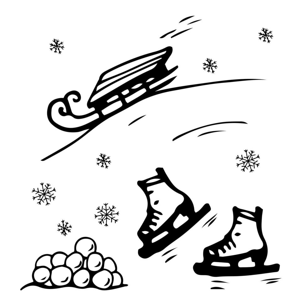doodle inverno definir ilustração vetorial. bolas de neve, flocos de neve, trenó, patins, escorregador. vetor