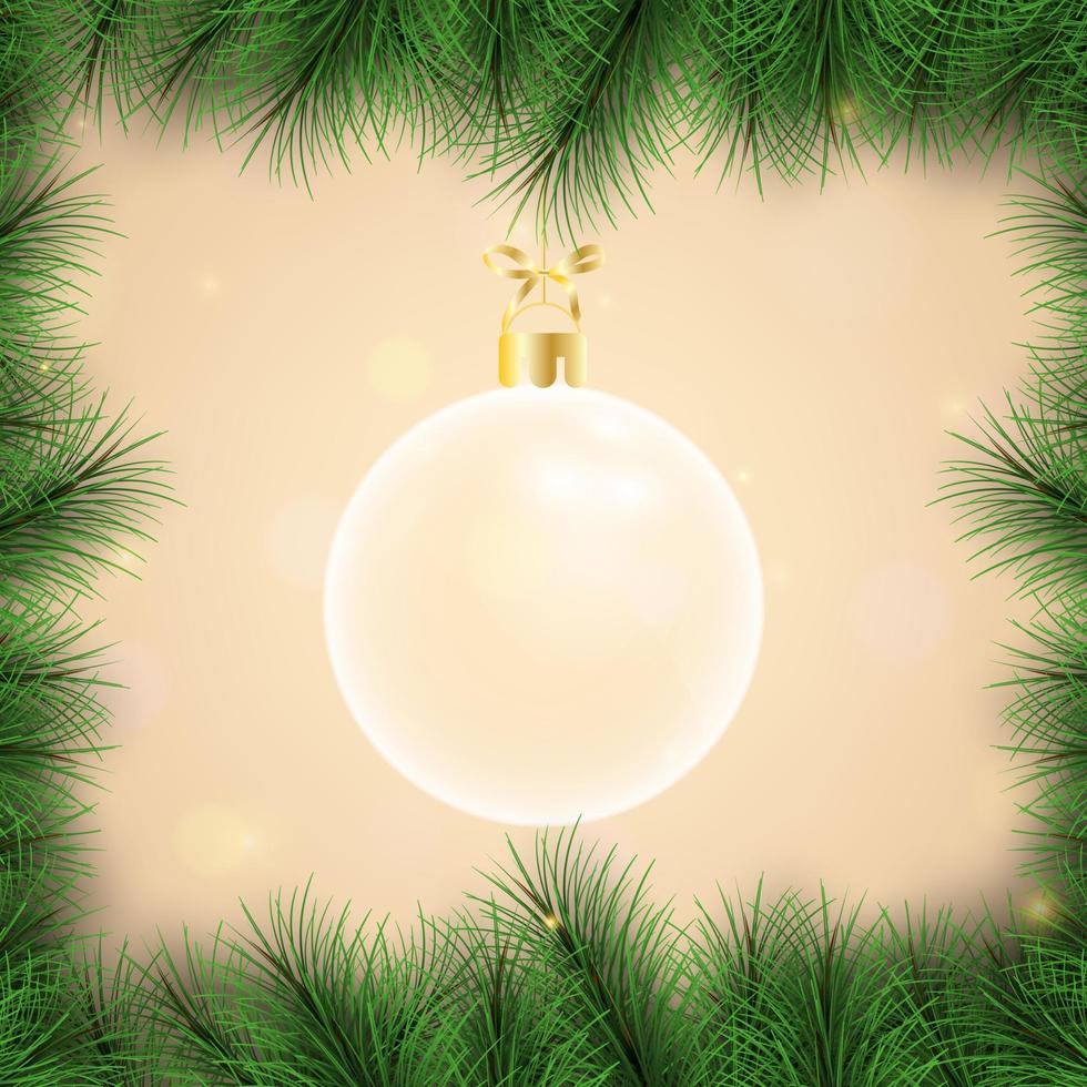 Natal de bola de vidro no fundo. feliz natal e feliz ano novo com uma bola de vidro e fundo de natal de ramo de abeto. férias de fundo de natal e ano novo. ilustração vetorial vetor