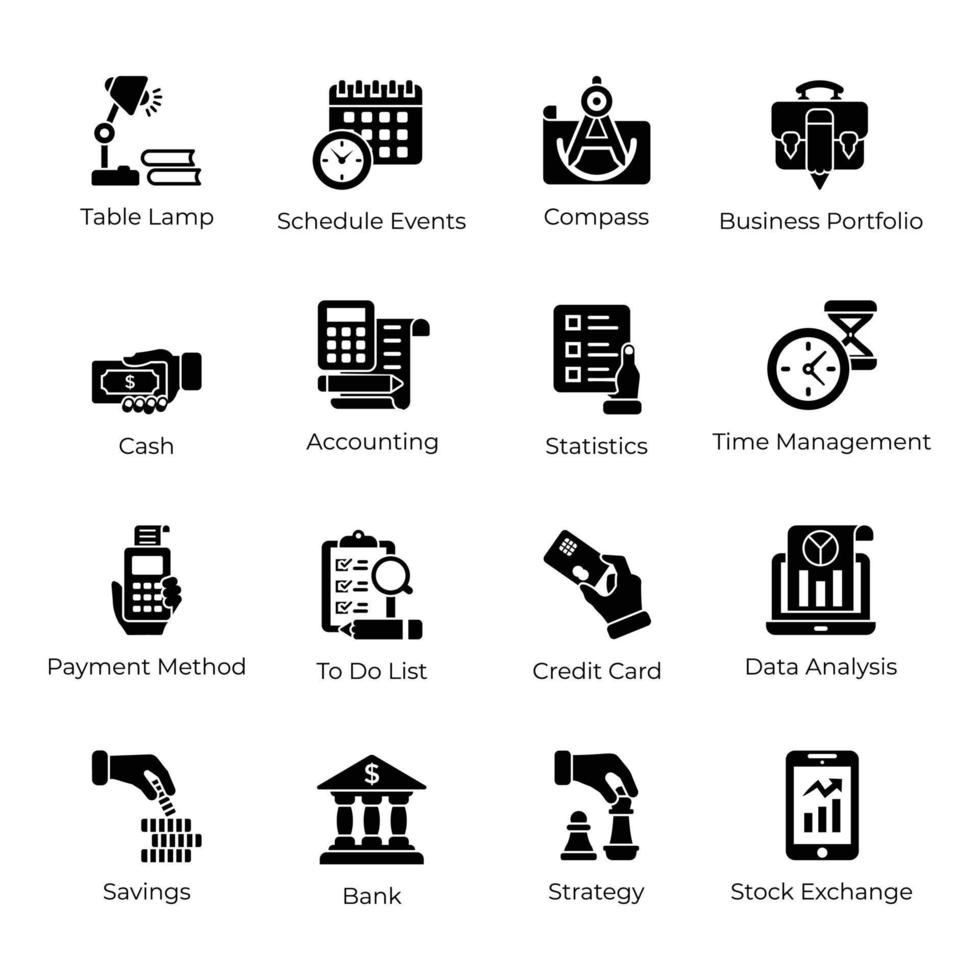 conjunto de ícones de glifo de negócios e comércio vetor