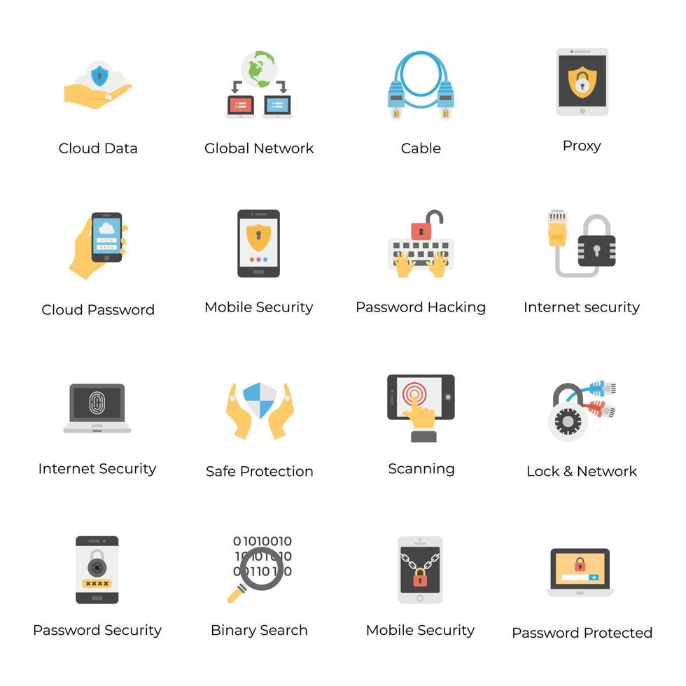 ícones planos de proteção online vetor