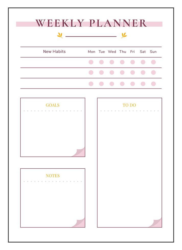 planejador semanal fofo design de página de planejador minimalista vetor