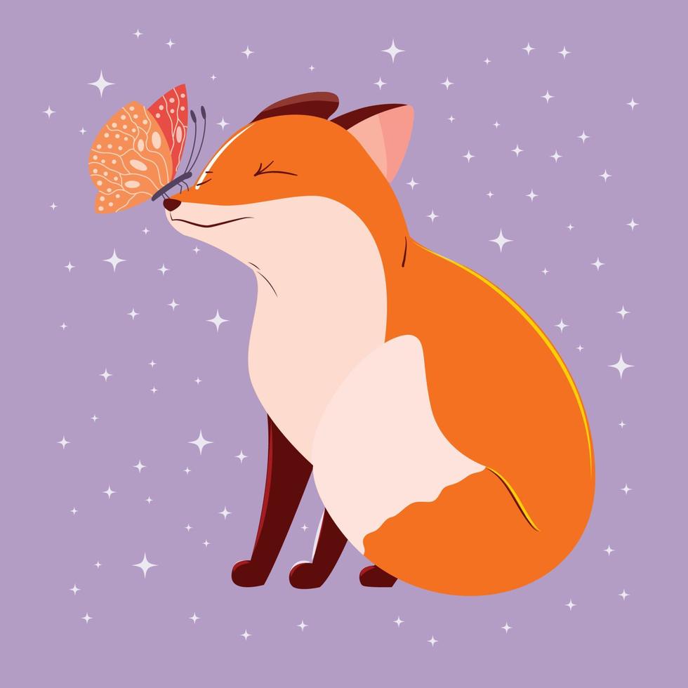 raposa bebê vermelho bonito brincando com uma borboleta no fundo roxo com estrelas brilhantes. ilustração desenhada à mão colorida de belos animais. vetor. vetor