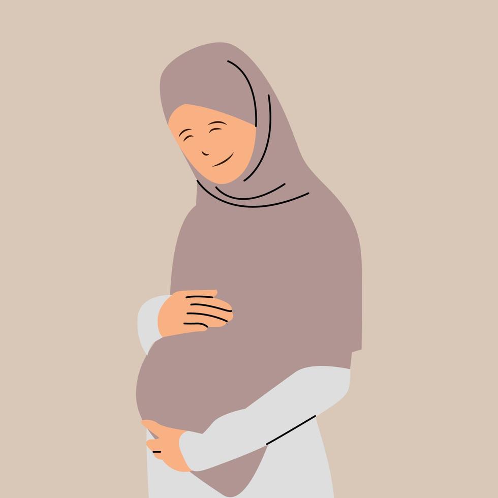 mulher grávida hijab segurando ilustração de barriga vetor