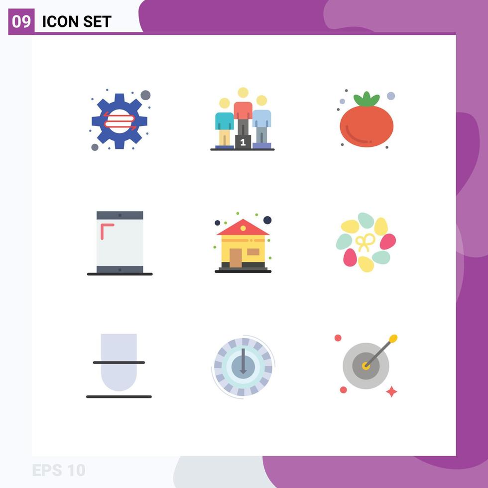 pacote de cores planas de 9 símbolos universais de decoração, dispositivos de construção de alimentos para casa, elementos de design vetorial editáveis vetor