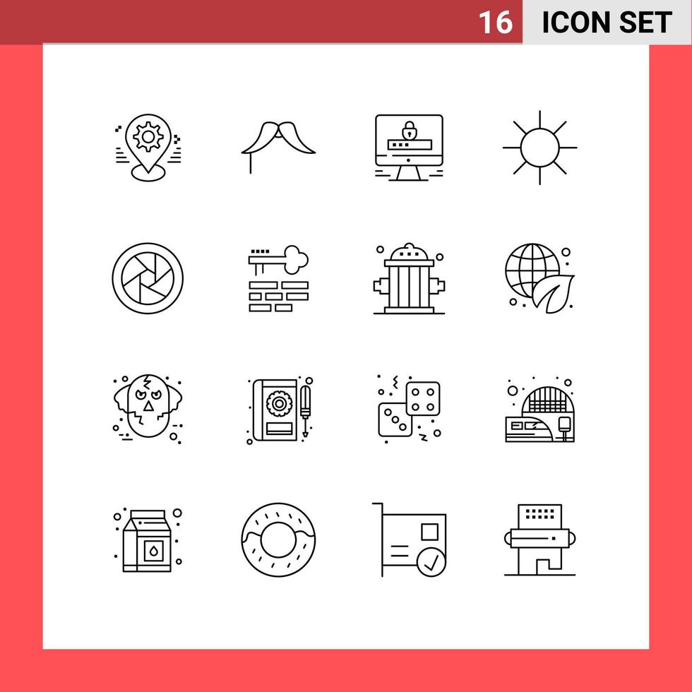 pacote de 16 sinais e símbolos de contornos modernos para mídia impressa na web, como logotipo de acessórios de câmera, bloqueio de círculo masculino, elementos de design de vetores editáveis