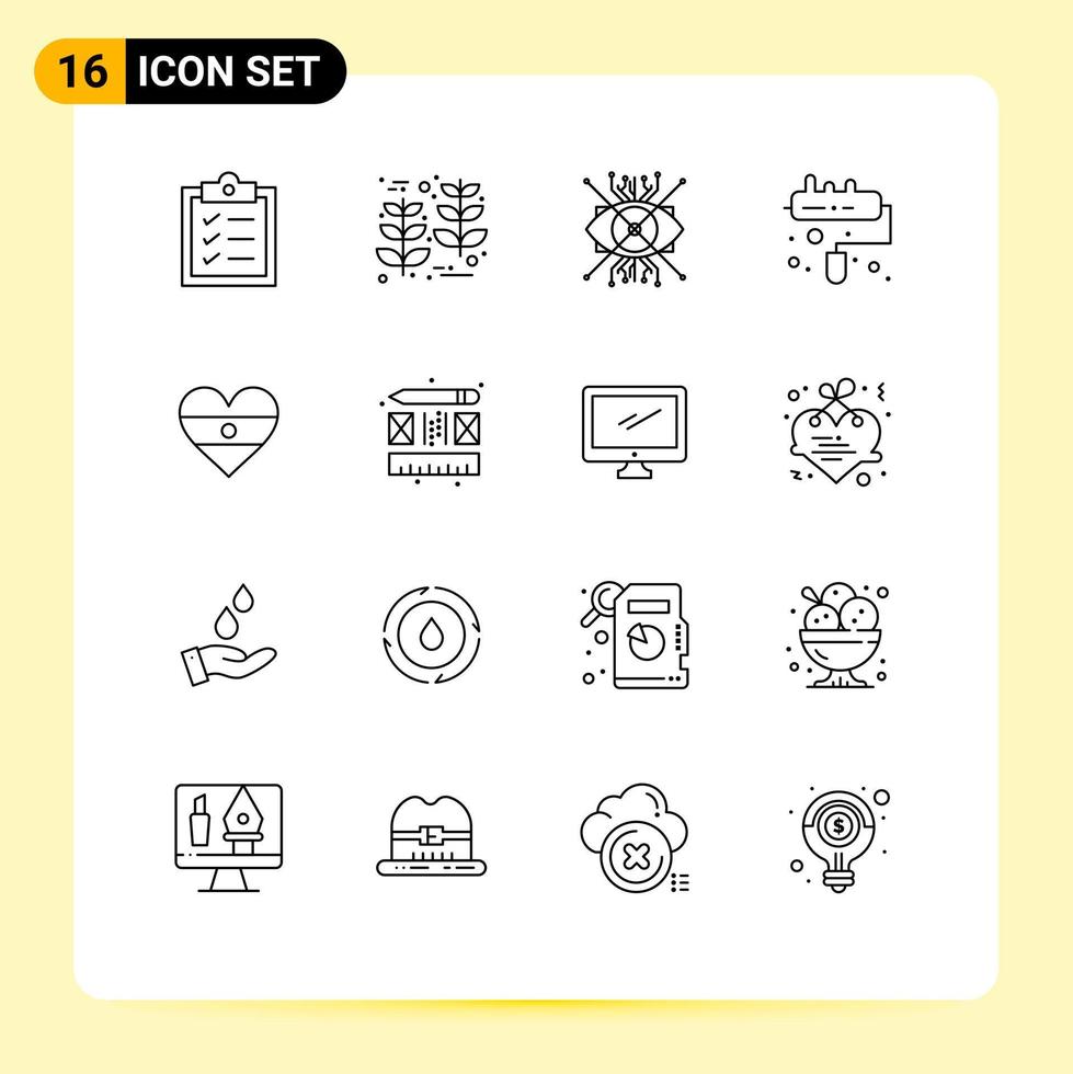 conjunto moderno de pictograma de 16 contornos de elementos de design de vetores editáveis de escova de rolo de aumento indiano de coração