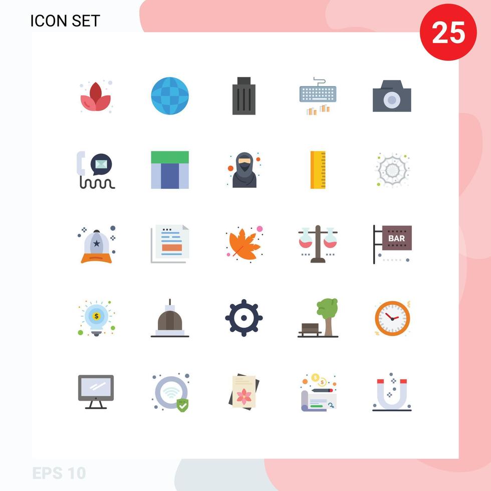 25 cores planas universais definidas para a web e aplicativos móveis, digitação de câmera, tipo elementos de design de vetores editáveis de teclado