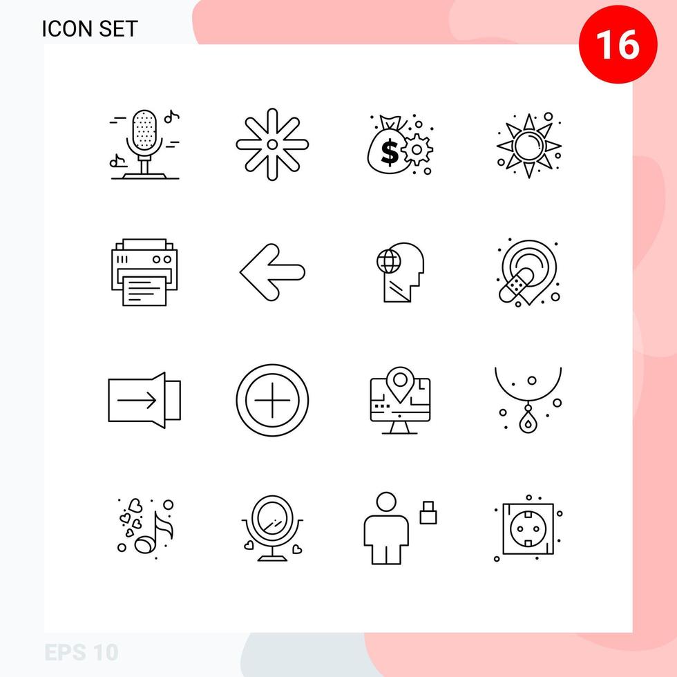 conjunto moderno de 16 contornos e símbolos, como gerenciamento de impressão de seta, elementos de design de vetores editáveis do sol