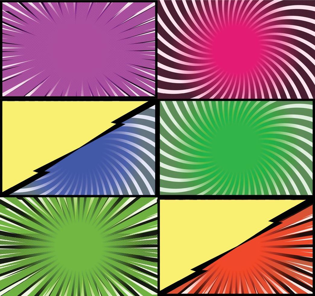 fundo de quadros coloridos de quadrinhos com raios de meio-tom radial e efeitos pontilhados estilo pop art vetor