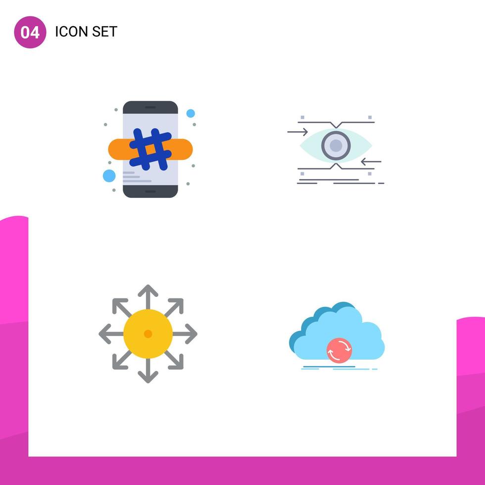 pacote de 4 sinais e símbolos de ícones planos modernos para mídia impressa na web, como anúncios de hashtag, mídia de foco móvel, elementos de design vetorial editáveis vetor