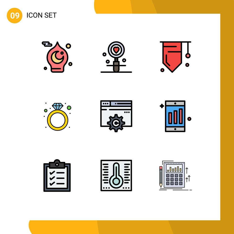 9 cores planas de linhas preenchidas de vetores temáticos e símbolos editáveis de elementos de design de vetores editáveis de estudo de diamante de presente de presente