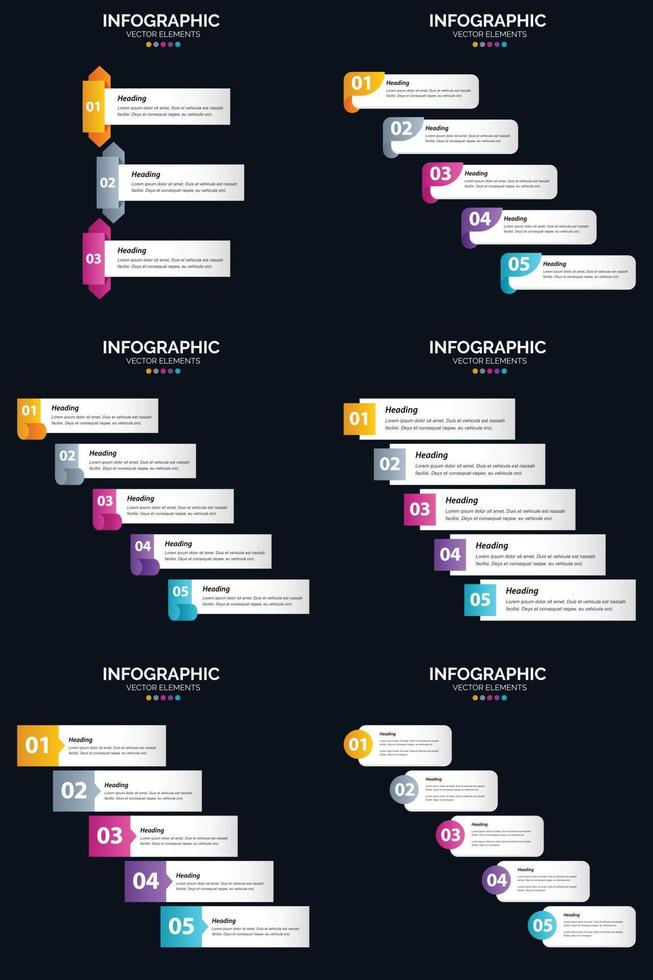 modelo de slide de apresentação de pacote de infográficos vetor 6 diagramas de ciclo de 5 etapas e linhas do tempo