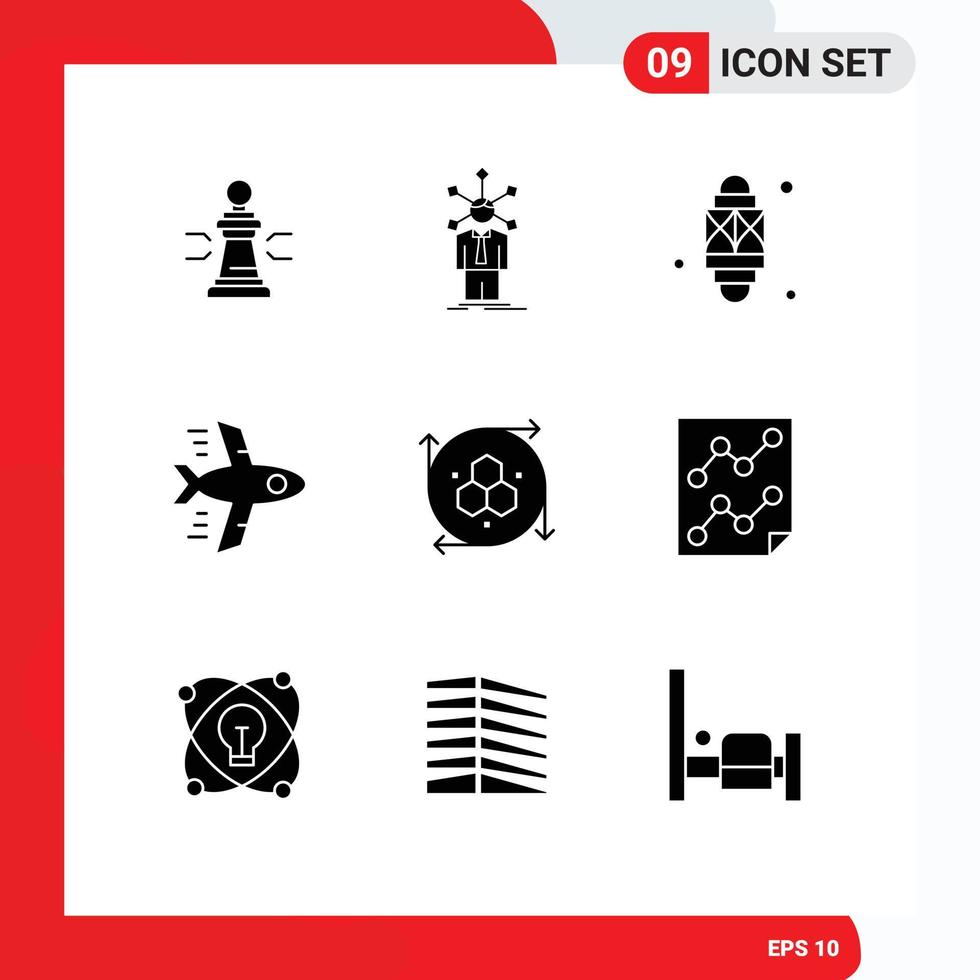 pacote de glifos sólidos de 9 símbolos universais de elementos de design de vetores editáveis de lanterna humana de ramadã de lâmpada de avião