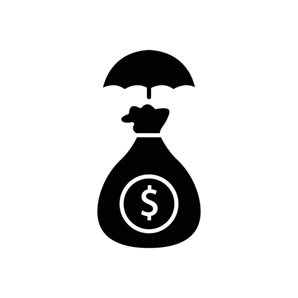 ilustração do ícone do saco de dinheiro com guarda-chuva. símbolo de seguro. estilo de ícone de glifo. adequado para aplicativos, sites, aplicativos móveis. ícone relacionado a finanças. design vetorial simples editável vetor