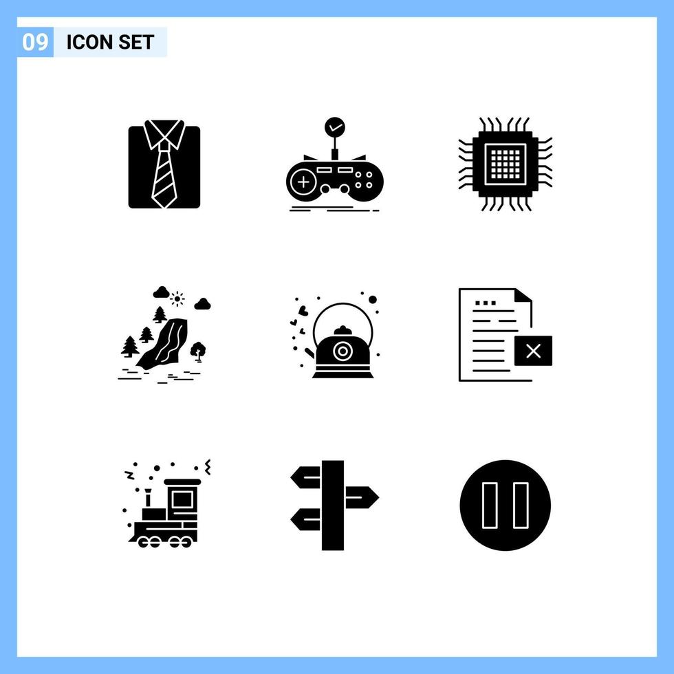 pacote de 9 sinais e símbolos de glifos sólidos modernos para mídia de impressão na web, como nuvens, árvore, jogos, cachoeira, banco de dados, elementos de design vetorial editáveis vetor