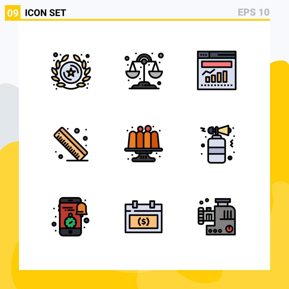 pacote de interface do usuário de 9 cores planas básicas de linha preenchida de bolos gráfico de cozimento régua assada elementos de design de vetores editáveis