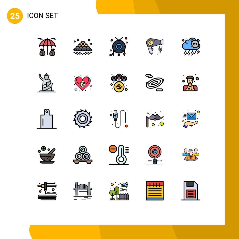 25 interface do usuário linha cheia pacote de cores planas de sinais e símbolos modernos de acessórios de plugue venenoso secador de cabelo elementos de design de vetores editáveis