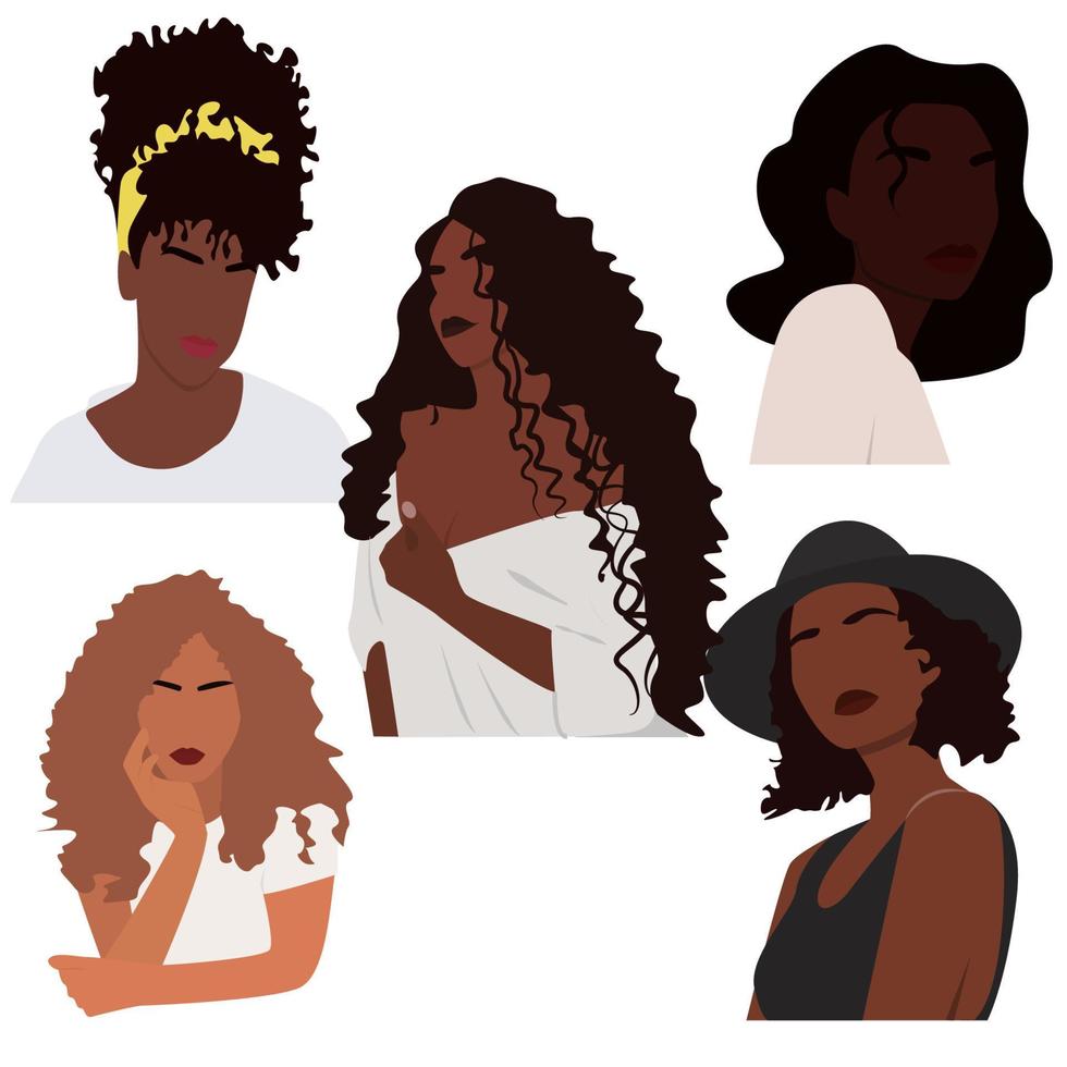 conjunto de caracteres abstratos de mulheres negras. retratos contemporâneos. retrato feminino sem rosto afro-americano. clipart para, banner, pôster, panfleto, cartão de felicitações, web design, design de impressão. vetor. eps 10 vetor