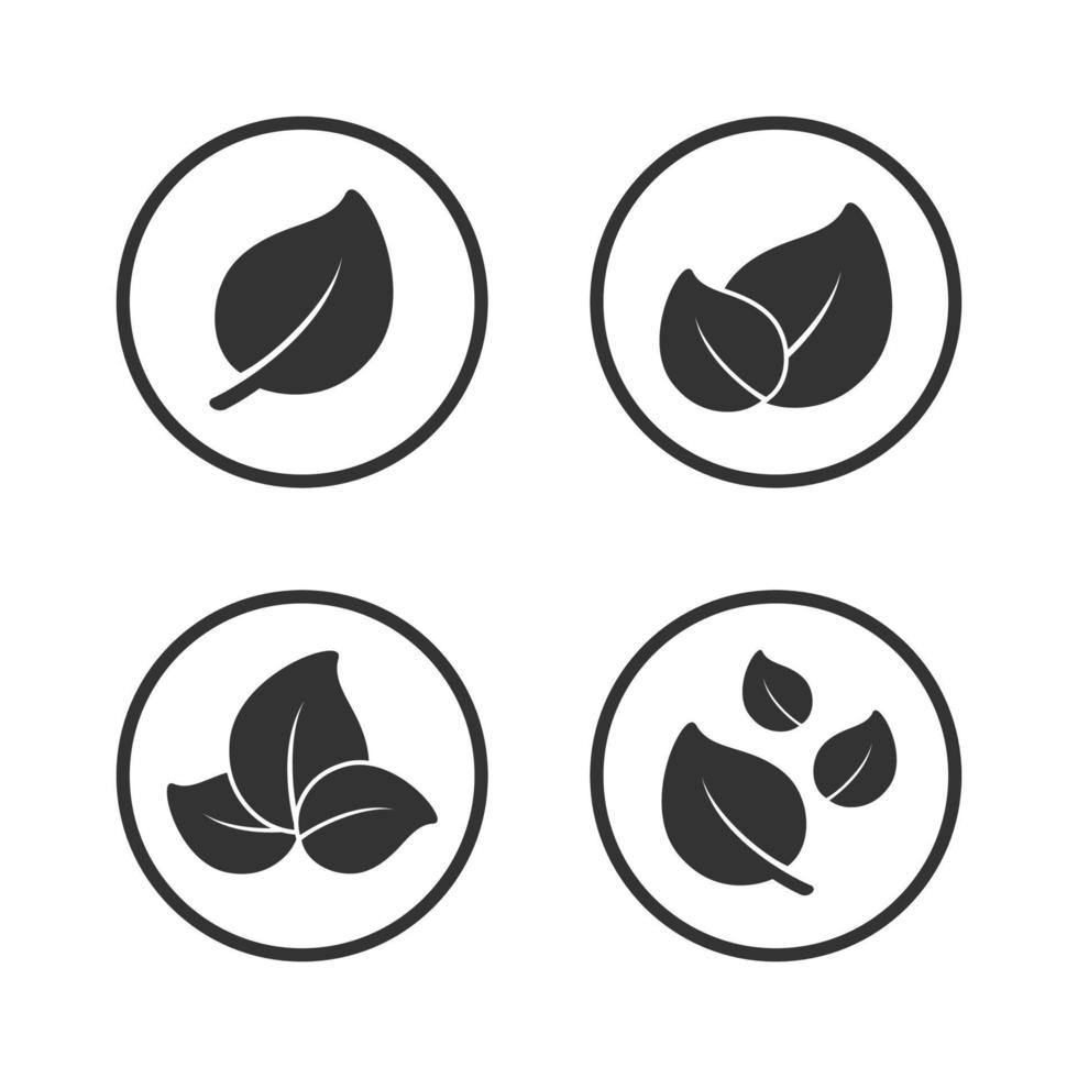folhas individuais, duas e árvores em um conjunto de design de sinal de ícone de círculo. ilustração em vetor plana moderna mínima simples. clipart ou símbolo de logotipo para natureza, saúde, menu vegetariano, produtos orgânicos ecológicos