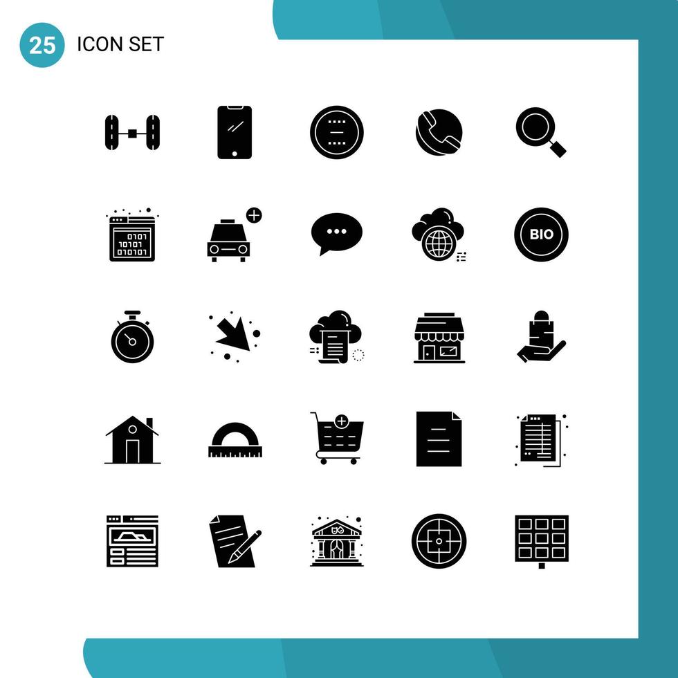 pacote de 25 sinais e símbolos de glifos sólidos modernos para mídia impressa na web, como loja de lupas cancelar telefone menos elementos de design vetorial editáveis vetor