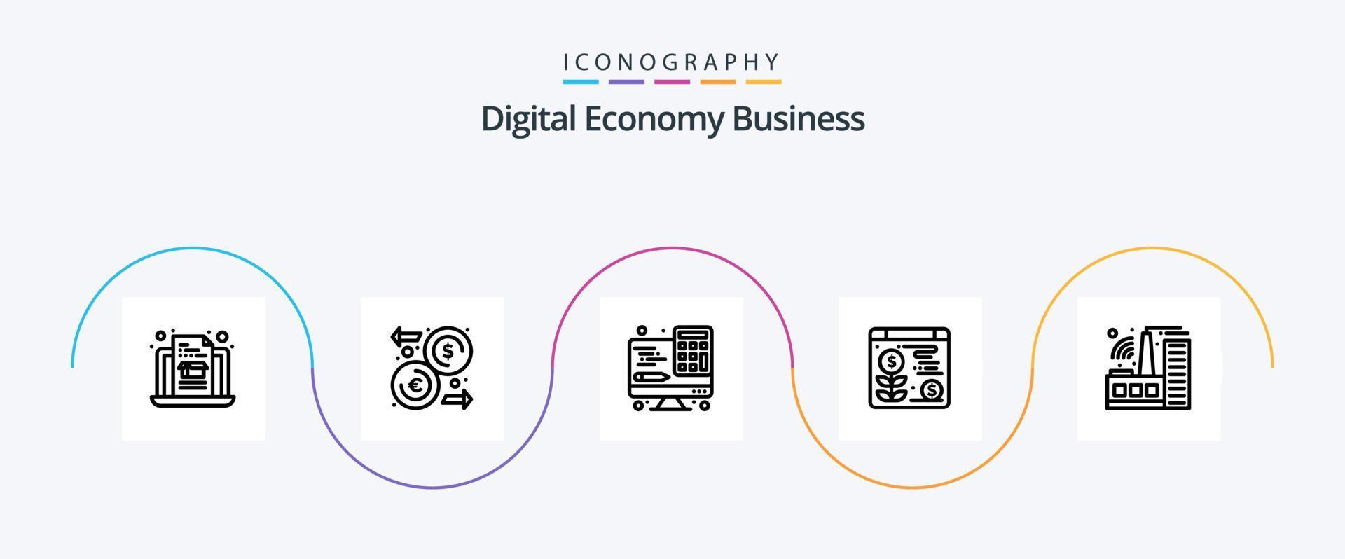 pacote de ícones da linha de negócios de economia digital 5, incluindo . fábrica. computador. construção. dólar vetor