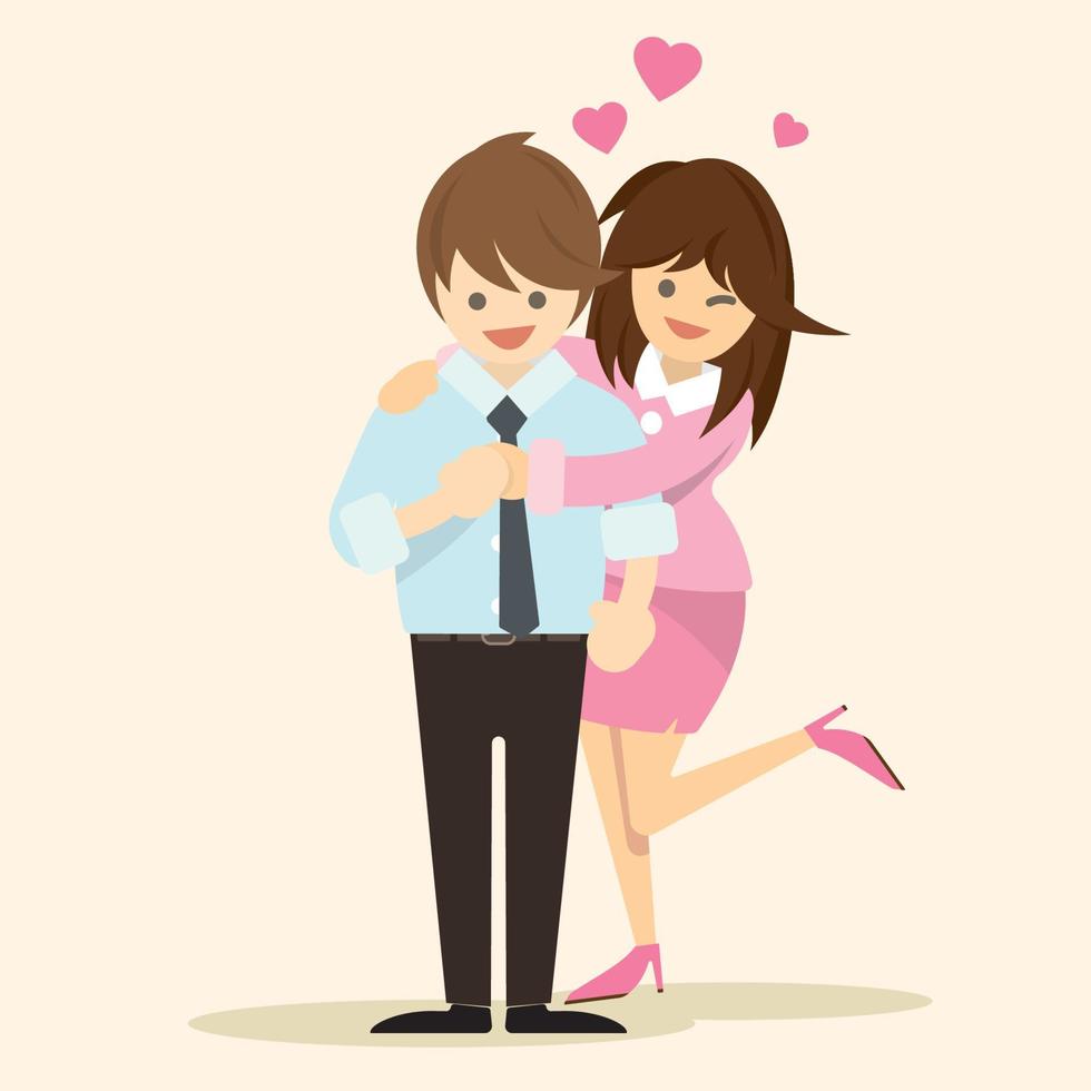 ilustração de casal feliz com roupas de escritório sorrindo e rindo juntos abraçando e tocando com ternura. vetor