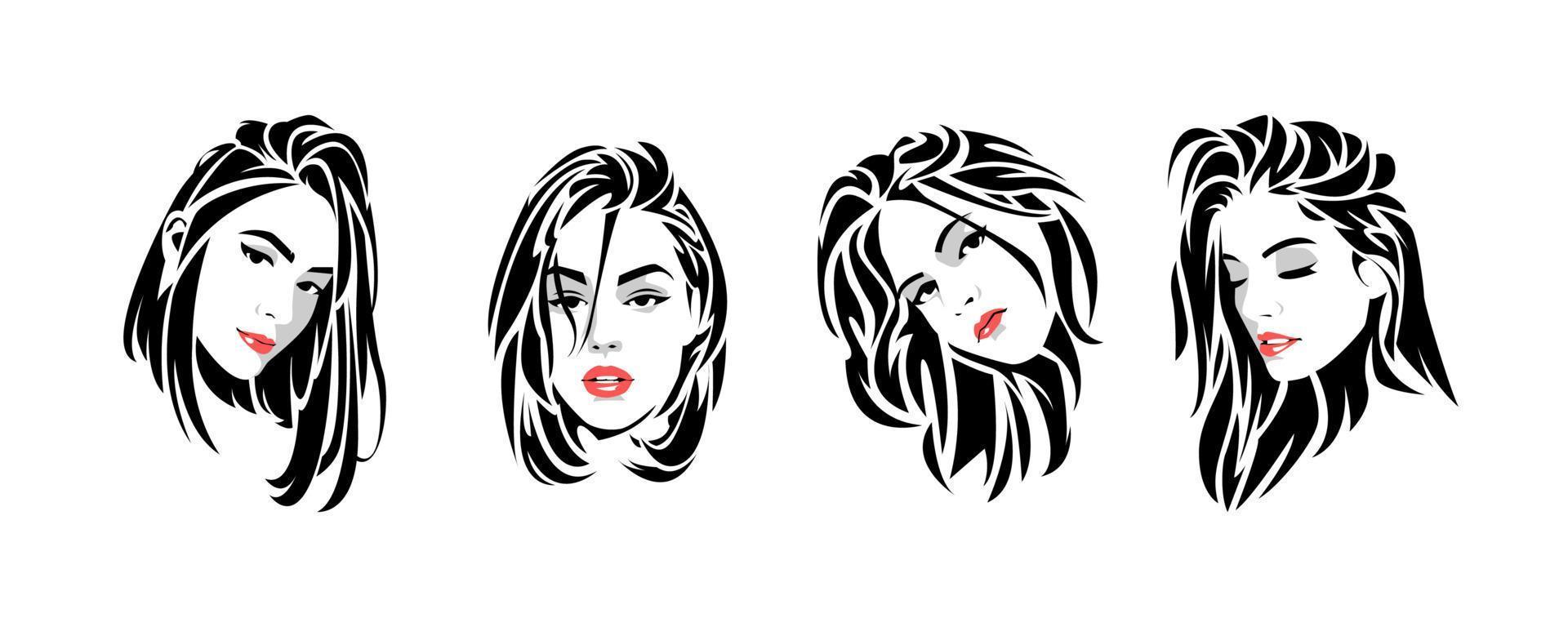 coleção definida de retratos de arte pop preto e branco de rostos de mulheres bonitas com diferentes penteados, expressões. cabelo abstrato. lábios vermelhos. fundo branco. ilustração vetorial. vetor