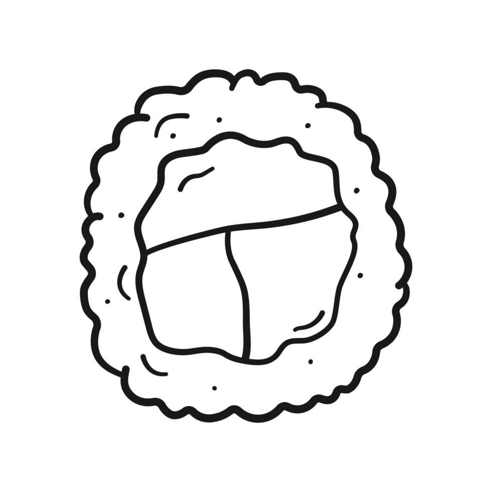 rolo de sushi em estilo doodle em fundo branco. ilustração vetorial comida asiática em estilo de desenho linear vetor