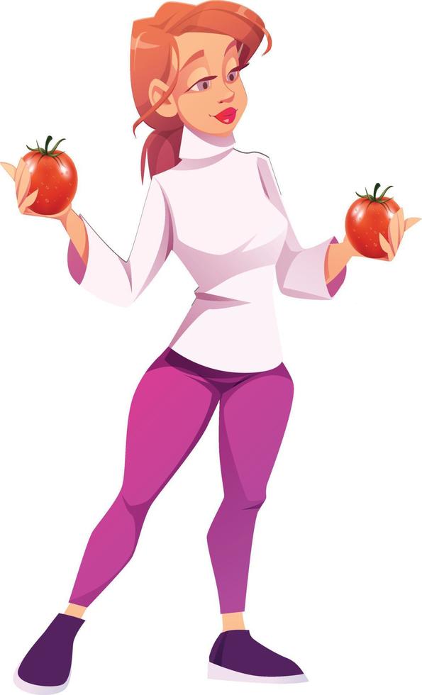 menina segurando ilustração e arte vetorial de tomate vetor