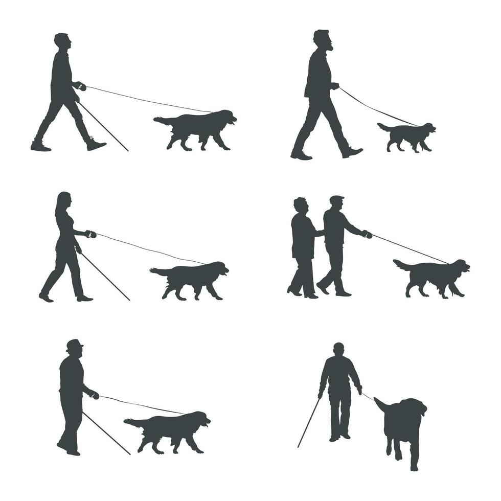 pessoas cegas com silhuetas de passeio de cão-guia vetor