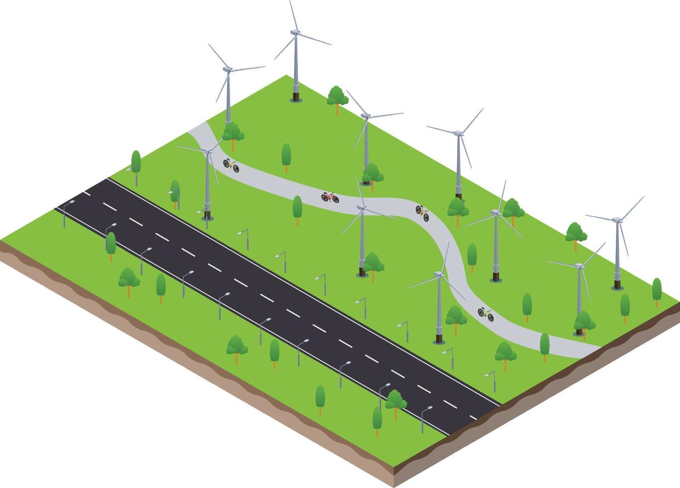 cena isométrica de turbinas eólicas gerando eletricidade e estrada de pista de bicicleta vetor