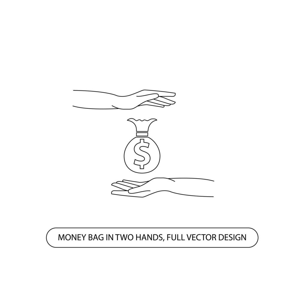 depósito de dinheiro e design de vetor de conceito financeiro, as mãos seguram o saco de dinheiro, ícone de economia projetado de contorno completo