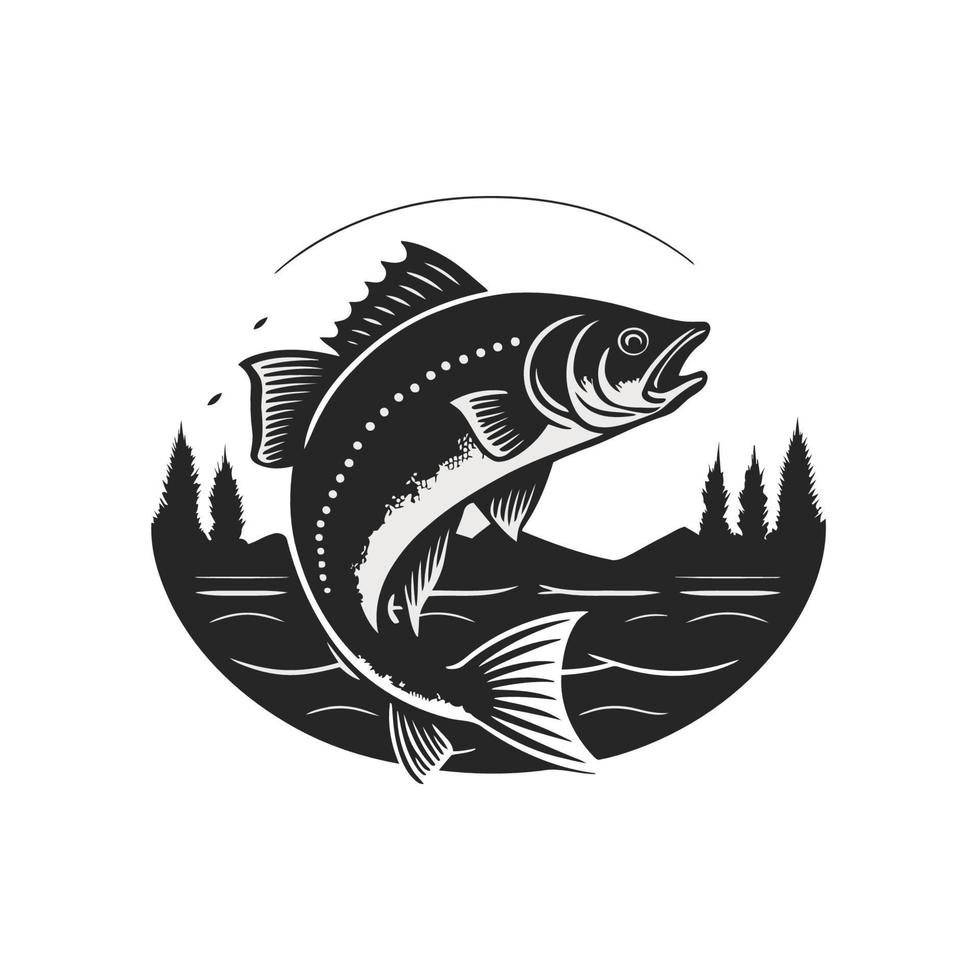 peixe de pesca na água modelo de design de logotipo vintage em branco e branco vetor