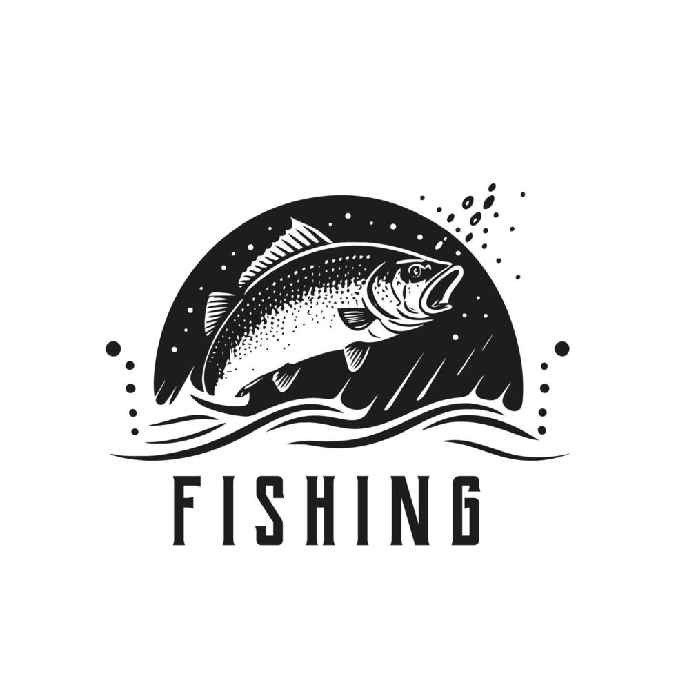 peixe de pesca na água modelo de design de logotipo vintage em branco e branco vetor