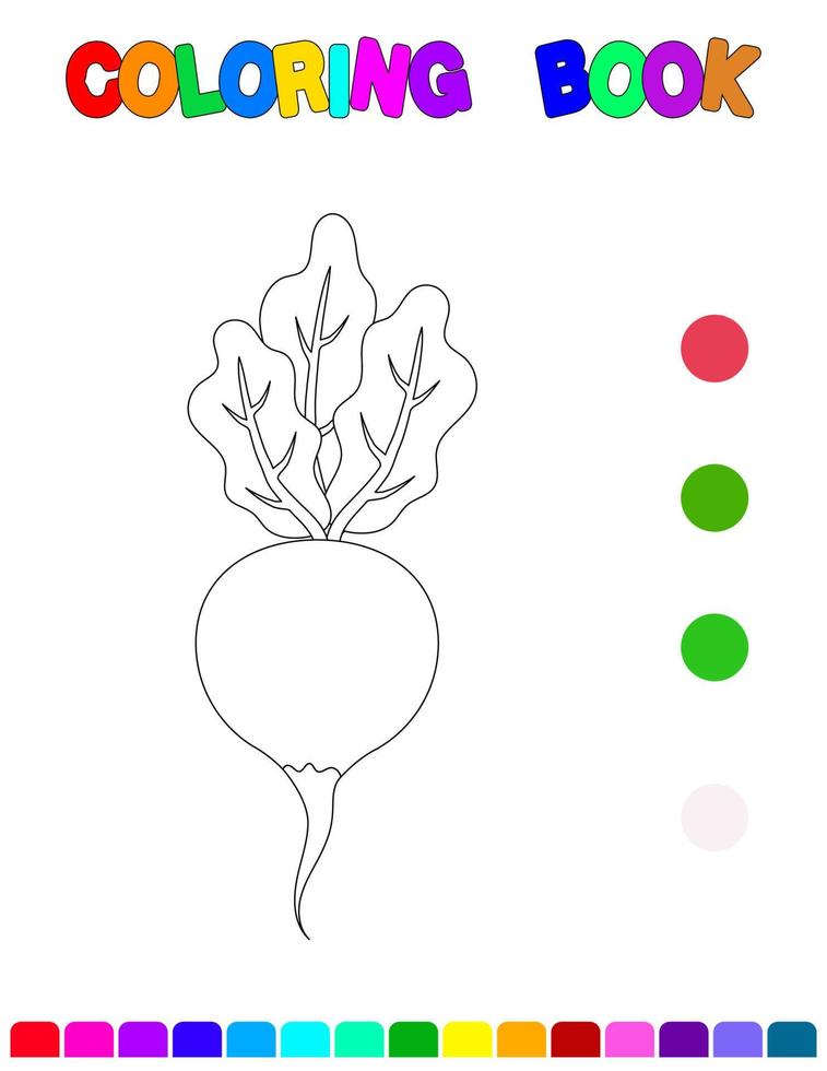 livro para colorir com uma página radish.coloring para jogos kids.educational para crianças pré-escolares. planilha vetor