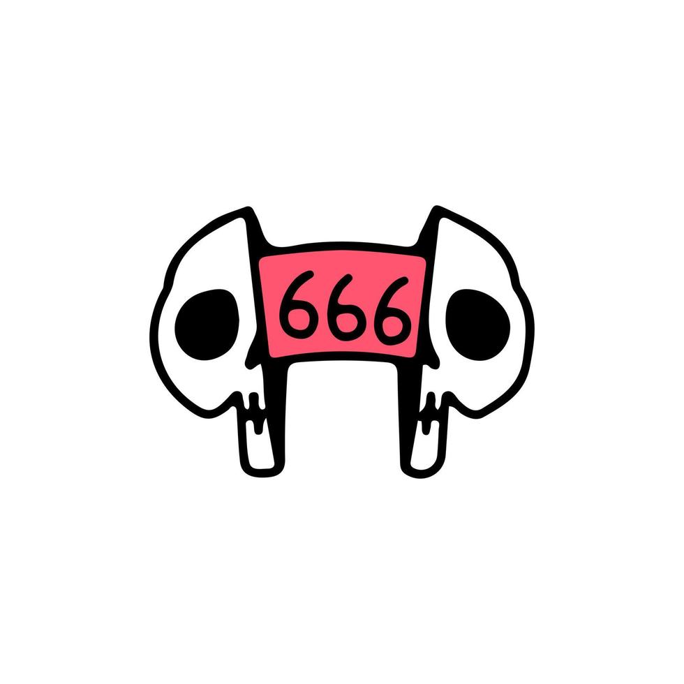 duas metades da cabeça do crânio com o sinal 666 dentro. ilustração para roupas de rua, camisetas, pôsteres, logotipos, adesivos ou mercadorias de vestuário. estilo retrô e pop art. vetor