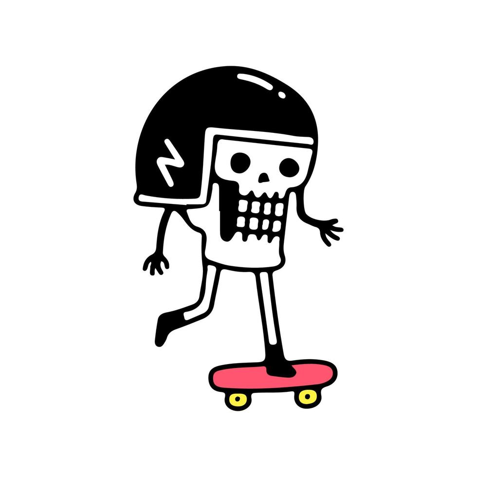 caveira de piloto jogando personagem de mascote de skate, ilustração para camiseta, pôster, adesivo ou mercadoria de vestuário. com estilo cartoon retrô vetor