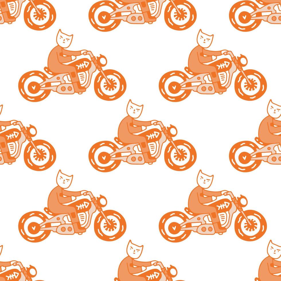 gato andando de moto, ilustração de fundo padrão perfeito para camisetas, adesivos ou mercadorias de vestuário. com estilo doodle, retrô e desenho animado. vetor