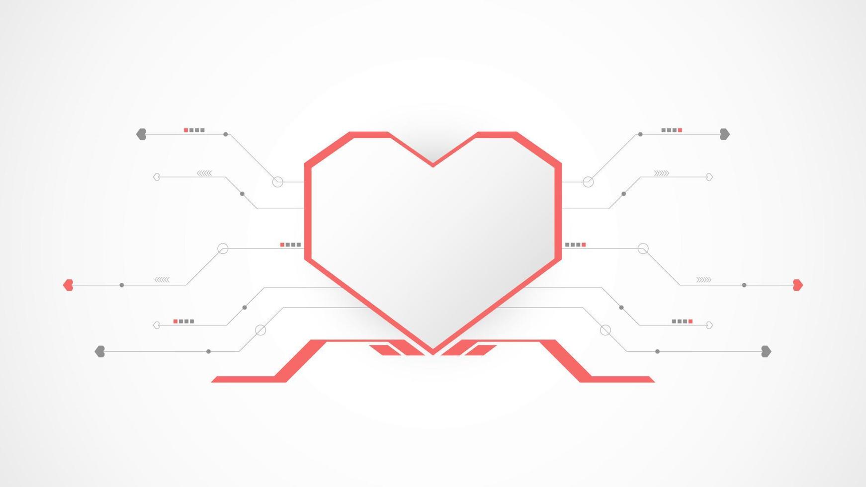 resumo de fundo branco coração vermelho tecnologia dia dos namorados. tecnologia com linha, digital, coração, ponto, alta tecnologia, conceito de dia dos namorados, vetor. coração tecnológico para dia dos namorados, plano de fundo, banner da web. vetor