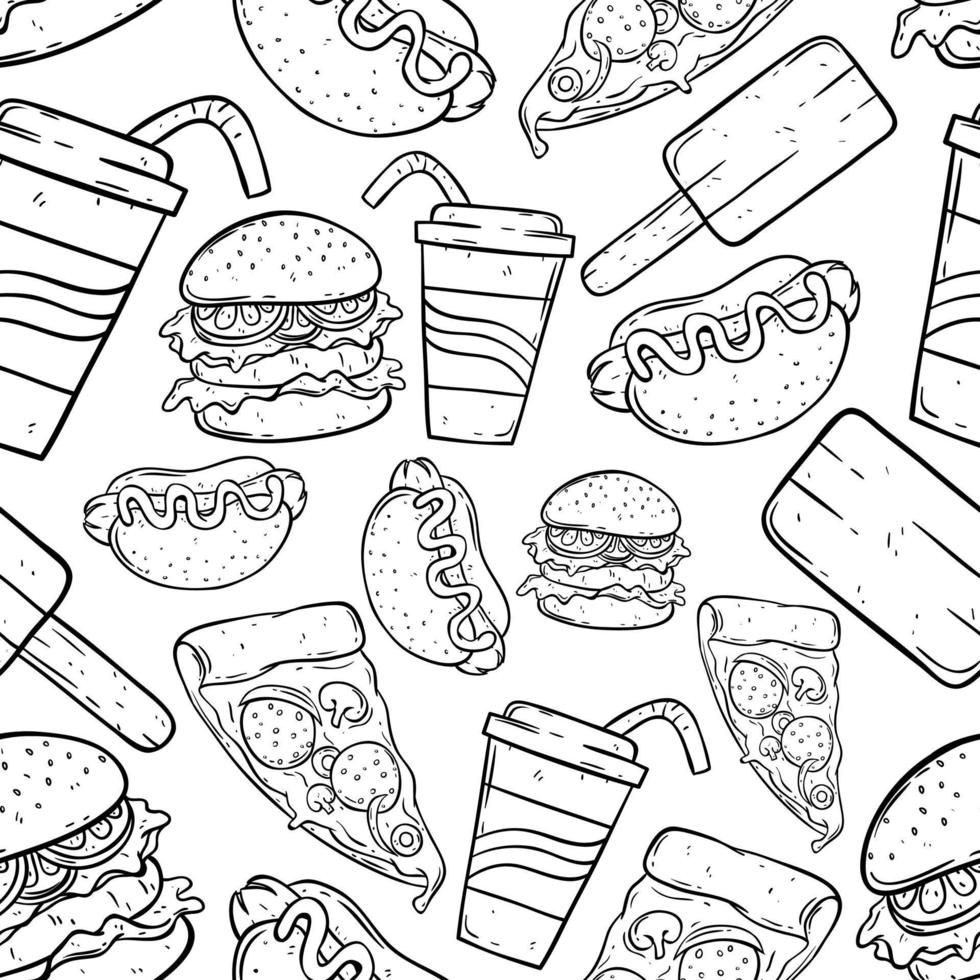 esboço do padrão perfeito de junk food com estilo de desenho à mão vetor