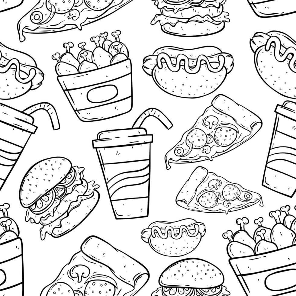 mão desenhando padrão sem emenda de junk food no fundo branco vetor