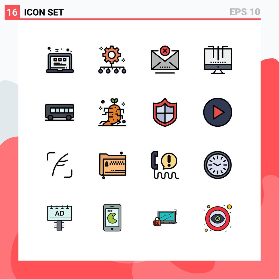 conjunto de linhas preenchidas de cores planas de interface móvel de 16 pictogramas de elementos de design de vetores criativos editáveis de mecanismo de plano de trabalho de mídia de pesquisa