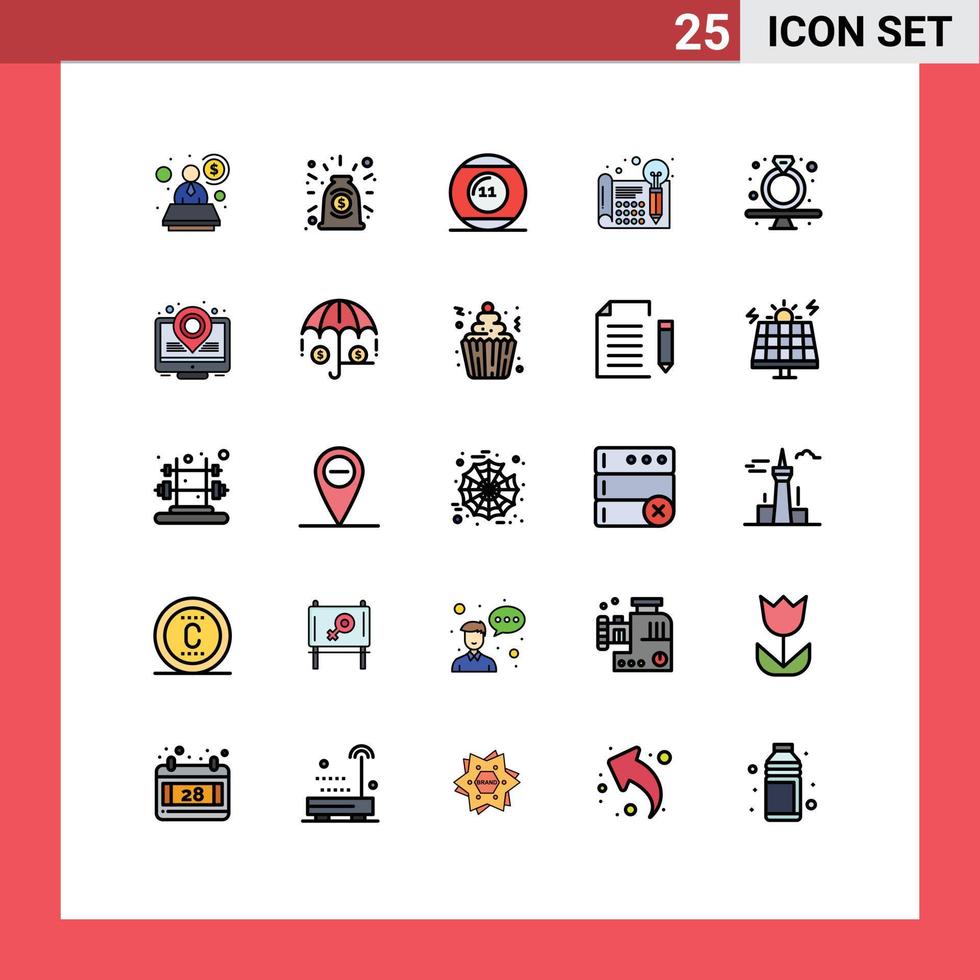 conjunto de cores planas de linha cheia de interface móvel de 25 pictogramas de presente processa ideia de equipamento criativo elementos de design de vetores editáveis