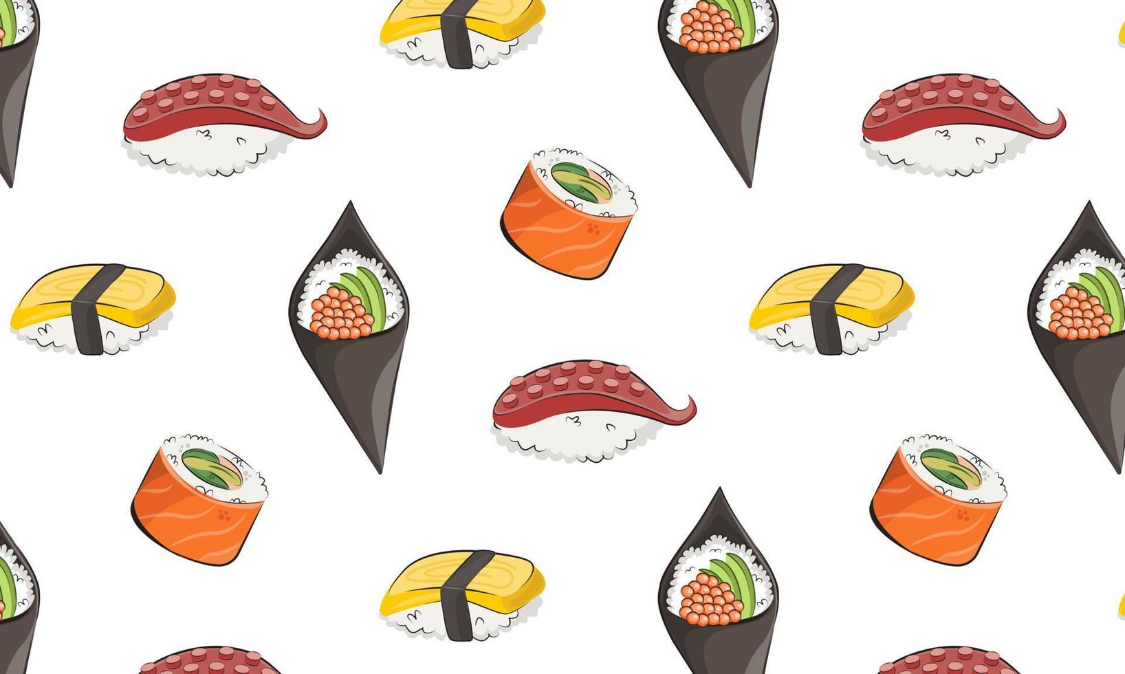 cozinha japonesa, comida. ilustração plana de padrão vetorial isolada no fundo branco. rolos de sushi molho de soja onigiri definir padrão perfeito. imagem de estoque. para menus e cartazes de restaurantes. Entrega vetor