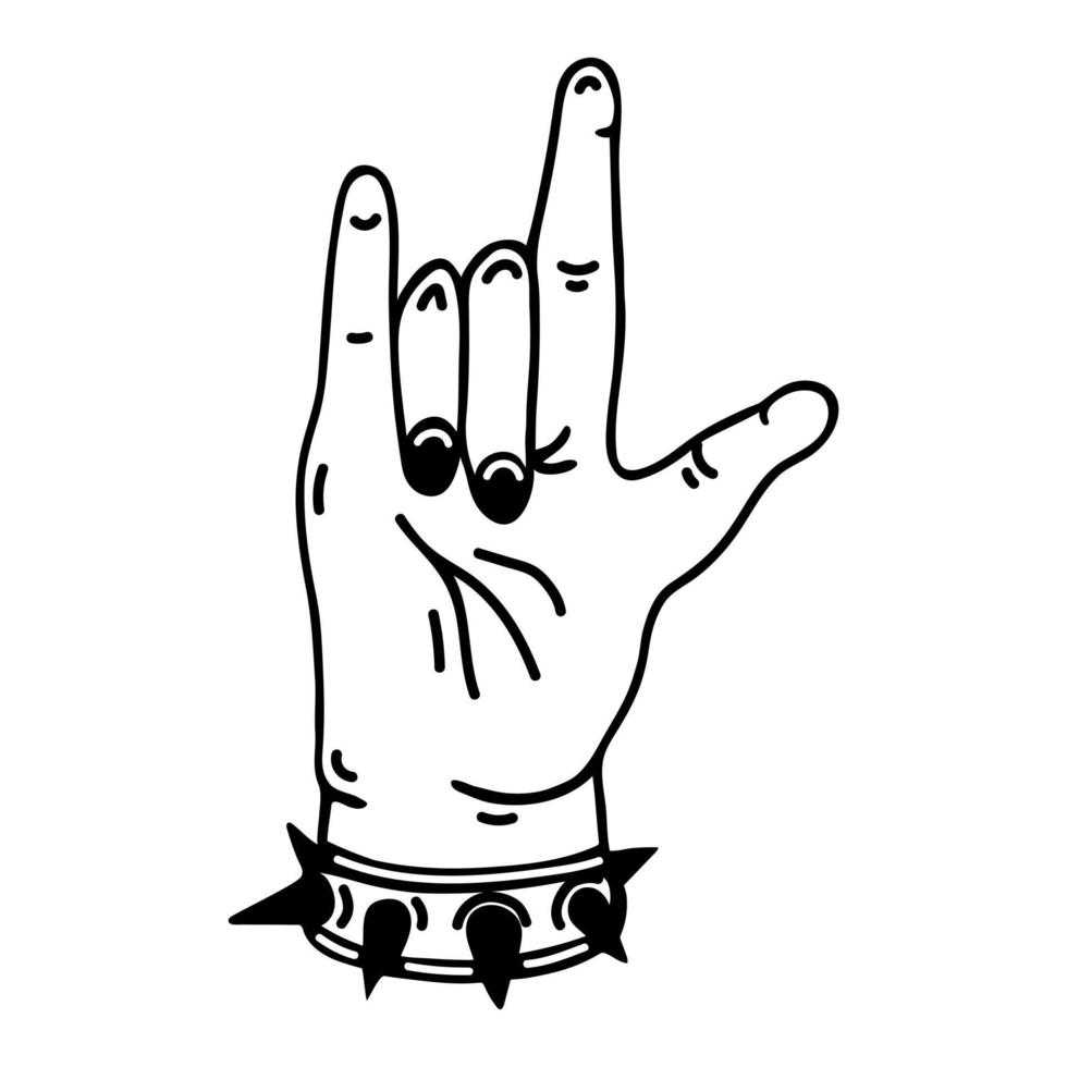 sinal de mão de pedra. ícone de vetor simples. doodle desenhado à mão isolado no branco. braço feminino com unhas pintadas, pulseira com pontas. gesto de música heavy metal. contorno preto, esboço. clipart para logotipo, cartazes