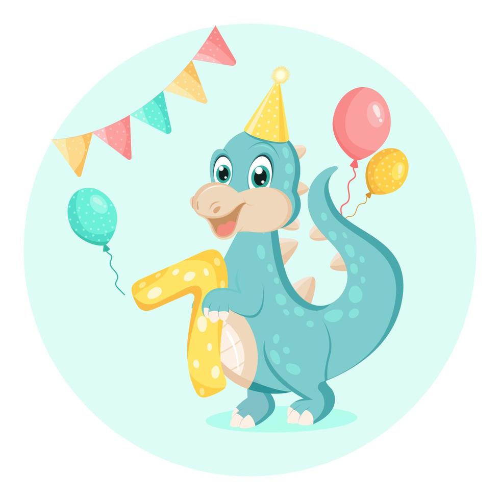 dinossauro bebê fofo. convite de aniversario. sete anos, sete meses. cartão de feliz aniversário. vetor