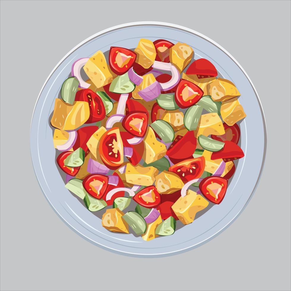 ilustração colorida de salada panzanella com placa branca. ilustração em vetor de cozinha italiana.